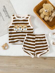 Bộ đồ 2 món cho bé trai gồm áo ba lỗ kẻ sọc thêu hình gấu và quần short thường ngày, thích hợp mặc hàng ngày. - màu nâu - Xem 1