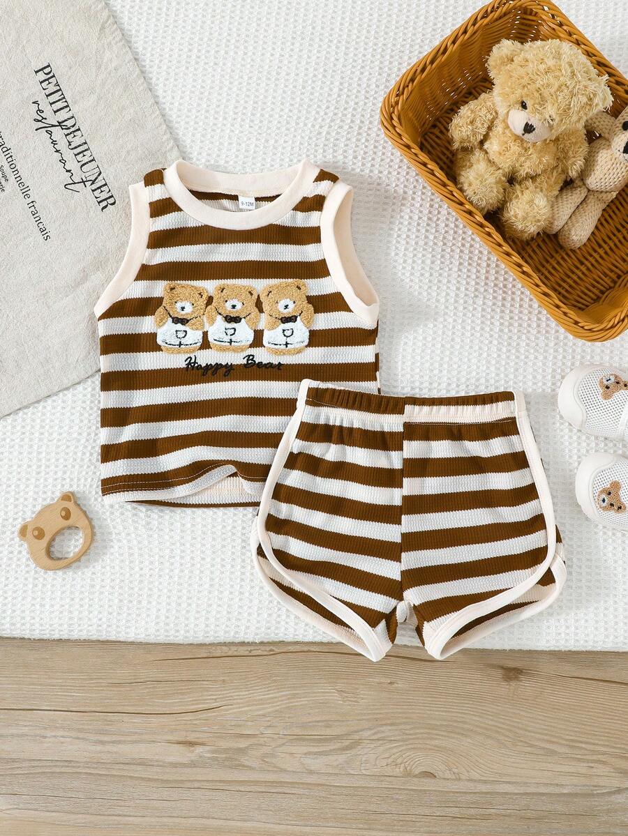 Bộ đồ 2 món cho bé trai gồm áo ba lỗ kẻ sọc thêu hình gấu và quần short thường ngày, thích hợp mặc hàng ngày. - màu nâu - Xem 1