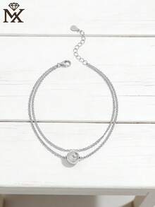 SYMFNY 1pc New 925 Silver Round Bead Double-Layer Chain Bracelet For Women, Casual Versatile, Luxury Jewelry Gift - Silver - View 2