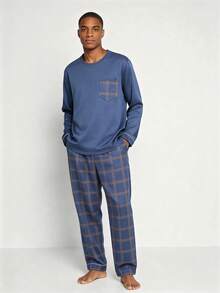 Snug League 男士睡衣套装（2件套），圆领长袖上衣和裤子，透气吸湿，适合春秋季和秋冬季穿着。 - 藍色 - 查看 1