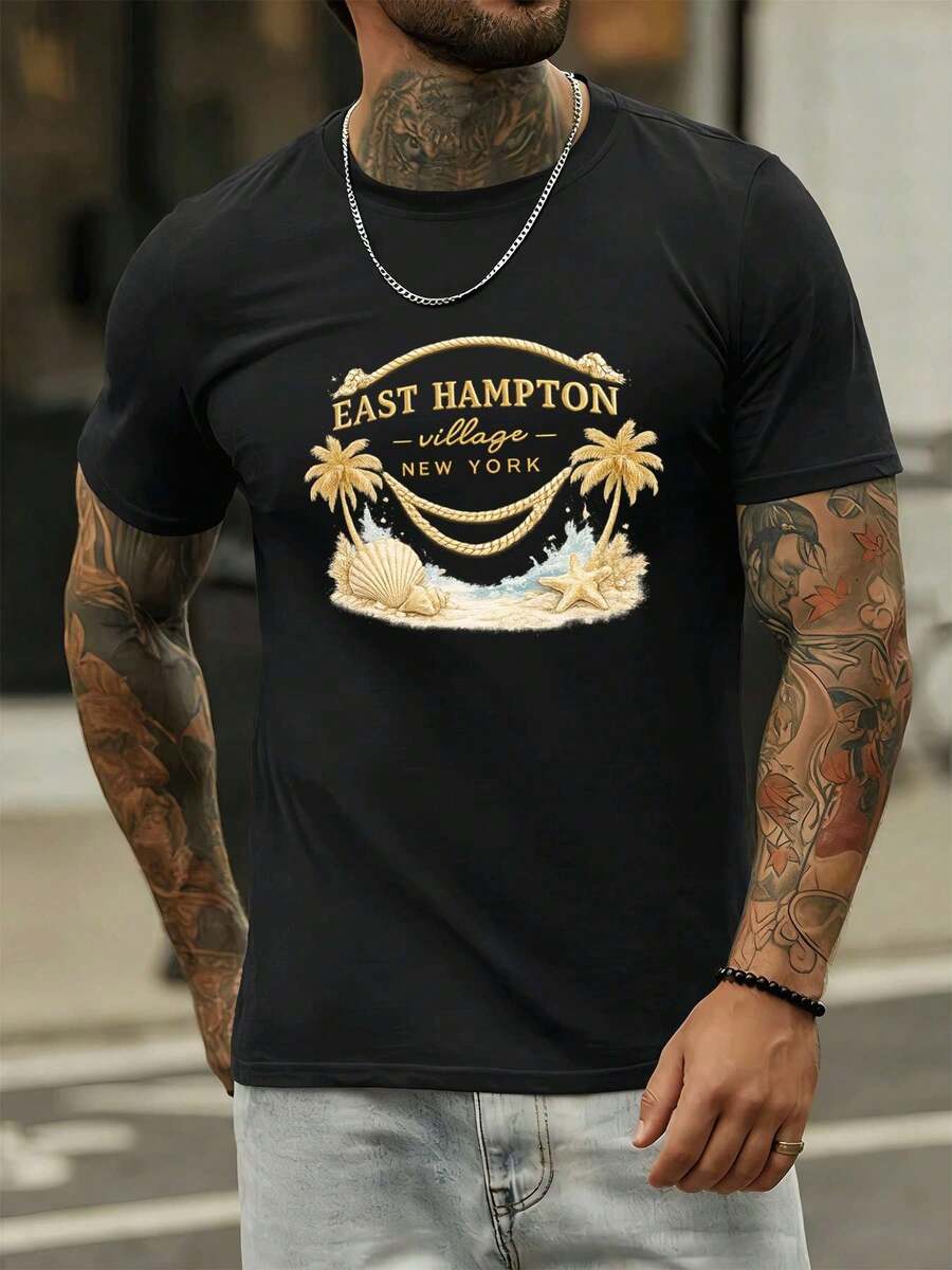 East Hampton Village New York Palm Beach T-shirt Tessuto Premium Street Hip-Hop Comodo Resistente Stampa Grafica Unica - nero - Visualizzare 1