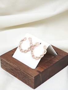 1 Pair Minimalist Design Chain & Cubic Zirconia Alternating Stud Earrings, Copper Inlaid Zirconia Earrings Suitable For Music Festivals - Rose Gold - View 4