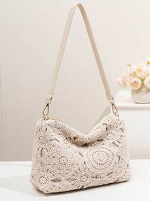 简约夏季海滩度假风女士拉链单肩包、腋下包、月牙包、流浪包，适合日常使用和度假 - 米色 - 查看 2