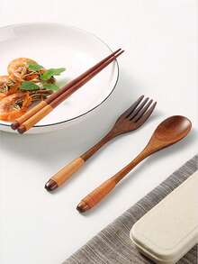 Bộ 3 dụng cụ ăn bằng gỗ, thìa đũa và nĩa tiện lợi bằng gỗ, nhà bếp, quà tặng Giáng sinh, đồ dùng học tập - màu nâu - Xem 12