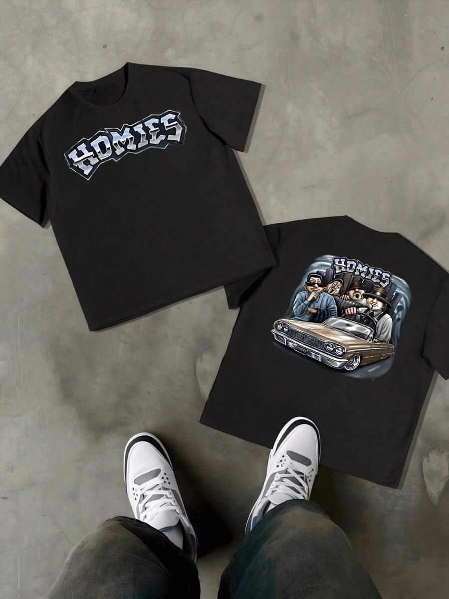 1 pieza Camiseta con impresión a doble cara de arte de coche lowrider de la tripulación, 1 pieza 100% algodón, camiseta gráfica casual de streetwear urbano para hombres "Homies" de 220g - Negro - Ver 1