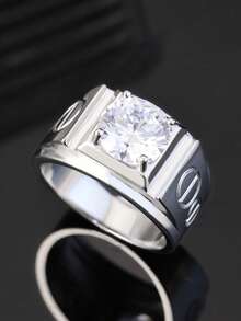 1 pieza Anillo de hombre, diseño geométrico, incrustado con moissanita, joyería de compromiso, adecuado para uso diario, anillo de boda de pareja, anillo de hombre de moda - Plateado - Ver 4