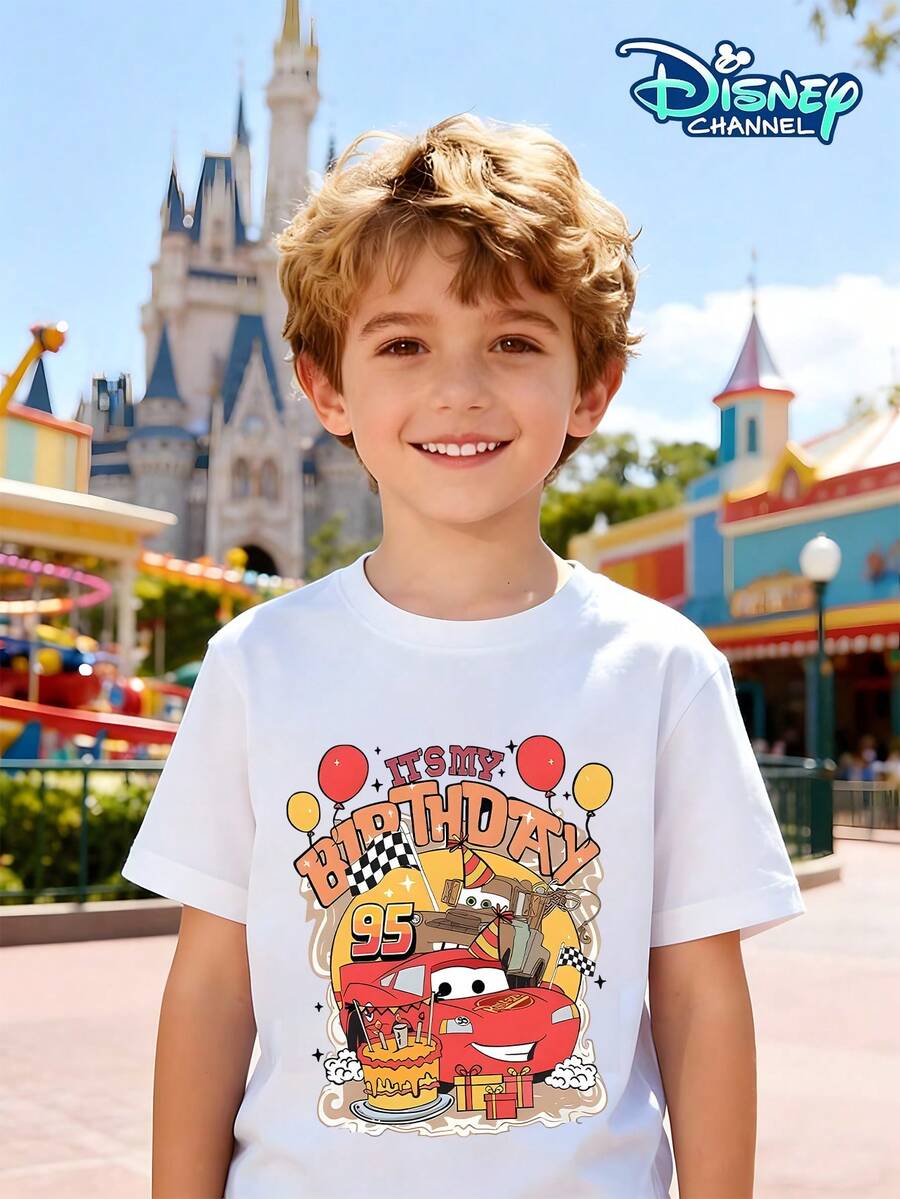 Boys' Casual Crew Neck T-Shirt With A Disney Cars Birthday Theme Print. The Front Features Lightning McQueen And Mater Wearing Party Hats, Along With A Birthday Cake, Gift Box, Balloons, Racing Flags, And The Fun Slogan "IT'S MY BIRTHDAY." The Number 95 Is Prominently Displayed. Suitable For Children Aged 4-12, Perfect For Theme Park Outings, Family Vacations, Everyday Wear, School, Outdoor Parties, And More. Sweat-Wicking, Breathable, Skin-Friendly, Comfortable, And Durable. The Cartoon IP Design Meets Boys' Daily Clothing Needs. Compatible With Wide-Leg Jeans, Cargo Shorts, Casual Sportswear. A Versatile Children's Clothing Item That Goes With Everything. - White - View 1