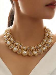 1pc Fashion Crystal & Pearl Double-Strand Necklace, Women's Necklace, Women's Jewelry, Pearl Necklace, Western Jewelry, Choker, Women's Choker Necklace, Women's Necklace, Women's Jewelry Set, Chunky Jewelry, Bohemian Style Jewelry, Summer Jewelry - Two Rows Of Crystal Pearls - View 1