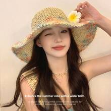 女士夏季遮阳帽，亮丽编织草帽，适合海滩度假，透气镂空设计，宽帽檐，防紫外线遮阳帽 - 彩色 - 查看 2