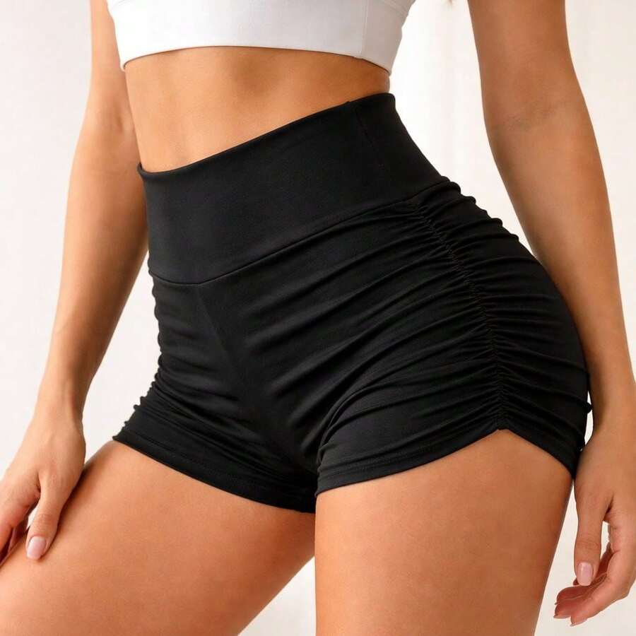 WOMEN'S FITNESS SHORTS FOR GYM AND BEACH WITH RUFFLED SIDES, LIFTS AND LIFTS BUTT, HIGH WAIST - 黑色 - 查看 1