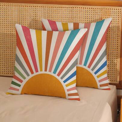 2PCS Summer Pillowcase Bohemian Colorful Sunshine Outdoor Decorative Pillowcase Striped Rainbow Sun Country Holiday Decorative Pillowcase Linen Sofa Cushion Cover, Single-Sided Without Pillow Insert