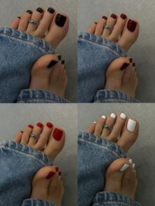 VV MEI JIA ER 96 piezas (Blanco/Negro/Rojo cereza/Rojo - Mezcla de 4 colores) Uñas postizas cuadradas cortas para los dedos de los pies, diseño de cobertura total, 4 piezas de uñas postizas brillantes para los dedos de los pies, set de manicura de verano, adecuado para mujeres y niñas, incluye caja de almacenamiento reutilizable - Multicolor - Ver 2