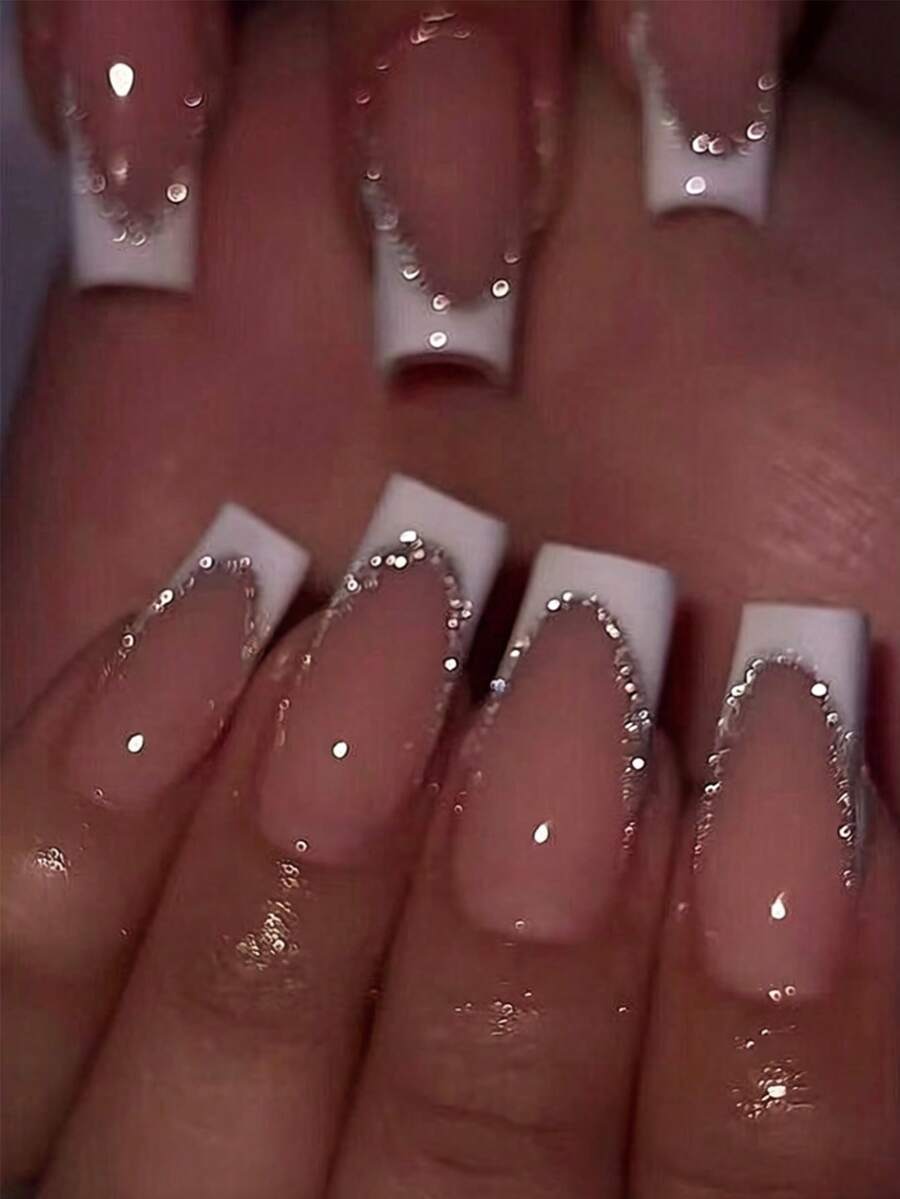 24pcs Long Coffin-Shaped White French Manicure Nail Stickers, Elevate Your Fashion Sense! Minimalist Chic Style, Durable And Reusable - Multicolor - View 1