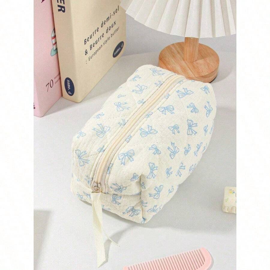 Cute Bow Make Up Bag Cute Bow Knot Pattern Toiletries Bag Travel Make Organizer Zipper Pouch, Quilted Cosmetics Bag, Stylish Foldable Commuter Makeup Bag For Brushes Aesthetic Cosmetic Bag For Gift, Friend, Girls, Student Quilted Floral Flower Zippered Makeup Bag Cute Floral Cosmetic Bag With Zipper Gift Storage Jewelry Organizer Box Bathroom Set Valentines Back To School Supplies - 藍色 - 查看 1