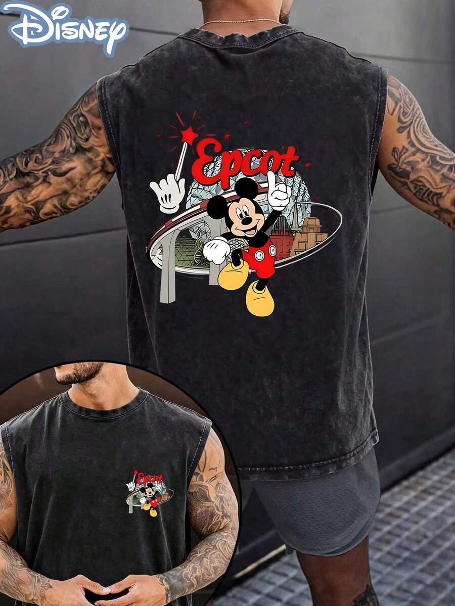 Disney Official Licensed Mickey Epcot Unisex Acid Wash Sleeveless T-Shirt, Mickey Epcot Graphic Tank Top, 230g Heavyweight Cotton Blend, Casual Vacation Top, Breathable Summer Wear - 黑色 - 查看 1