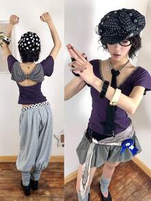 Y2K Fairy-Grunge Crop Top - A Summer Streetwear Essential. Featuring A Punk-Inspired Open-Back Design With A Bow Accent, This Cute Baby Tee Silhouette Boasts A Polka-Dot Pattern And Short Sleeves. Its Slim, Figure-Flattering Fit Makes It The Perfect Choice For Girls With An Emo Aesthetic. - 紫色 - 查看 3