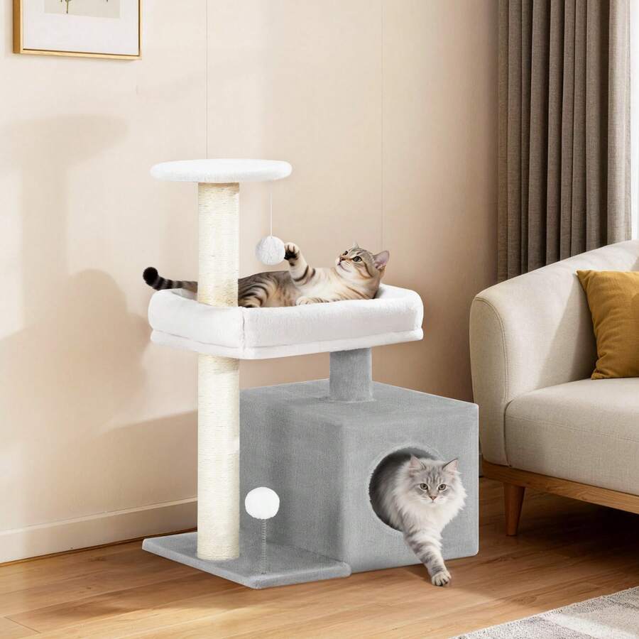 HEXCELEN Tiragraffi per Gatti, Albero per Gatti da 75 cm, Torre a Più Livelli con 2 Pali in Sisal, Comoda Cuccia, Piattaforma di Riposo, Piattaforma Panorca, Pompon - Grigio Chiaro - Visualizzare 1
