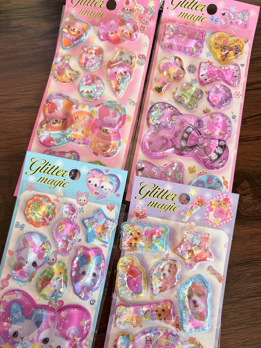 可爱亮片设计 3D 摇晃贴纸 PVC 卡哇伊 Y2K 复古贴纸 创意设计 可移除熊兔贴纸 - color - 查看 1