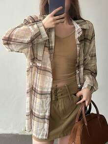 女士格子落肩长袖单排扣休闲衬衫，随机面料拼接，夏季款 - 杏色 - 查看 2