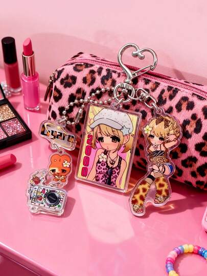 Y2K Retro Comic Keychain - Illustration Leopard Print Character Acrylic Pendant, Suitable For Bags And Mobile Phones, Retro Millennial Keychain, Can Be Used For Diaries And Other Additions, Keychain