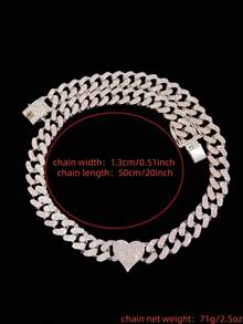 1条13毫米水晶心形链项链，女士时尚嘻哈心形链项链，适合日常佩戴或参加派对，情人节礼物 - 銀色 - 查看 4