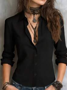 Áo sơ mi dài tay nữ màu trơn mới năm 2026, thiết kế cổ áo, toát lên vẻ chuyên nghiệp và năng lực, được làm từ chất liệu thân thiện với da và thoải mái. Màu đen mùa xuân. - màu đen - Xem 9