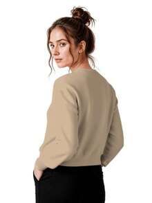 Unisex Crew Neck Sweatshirt With Ribbed Cuffs, Ideal For Winter - Streetwear Style. - Màu Khaki - Xem 2