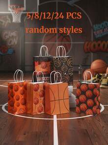 5/12/24 Stücke Basketball Kraftpapier Taschen, Einzelhandelstaschen mit Basketball Muster, Henkel Kraftpapier Einkaufstaschen, geeignet für Geburtstagsdekoration, Partyverpackung, Herrengeschenke, Partyfavors, Club Einkaufstaschen, geeignet für Schulanfangszeit, Sommercamp, Schulöffnungszeit, Sportveranstaltungen - Verschiedenfarbig - Übersicht 12