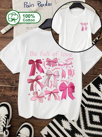 女士休闲短袖T恤，双面蝴蝶结印花，100%纯棉，适合户外日常穿着，夏季服装，女士印花款