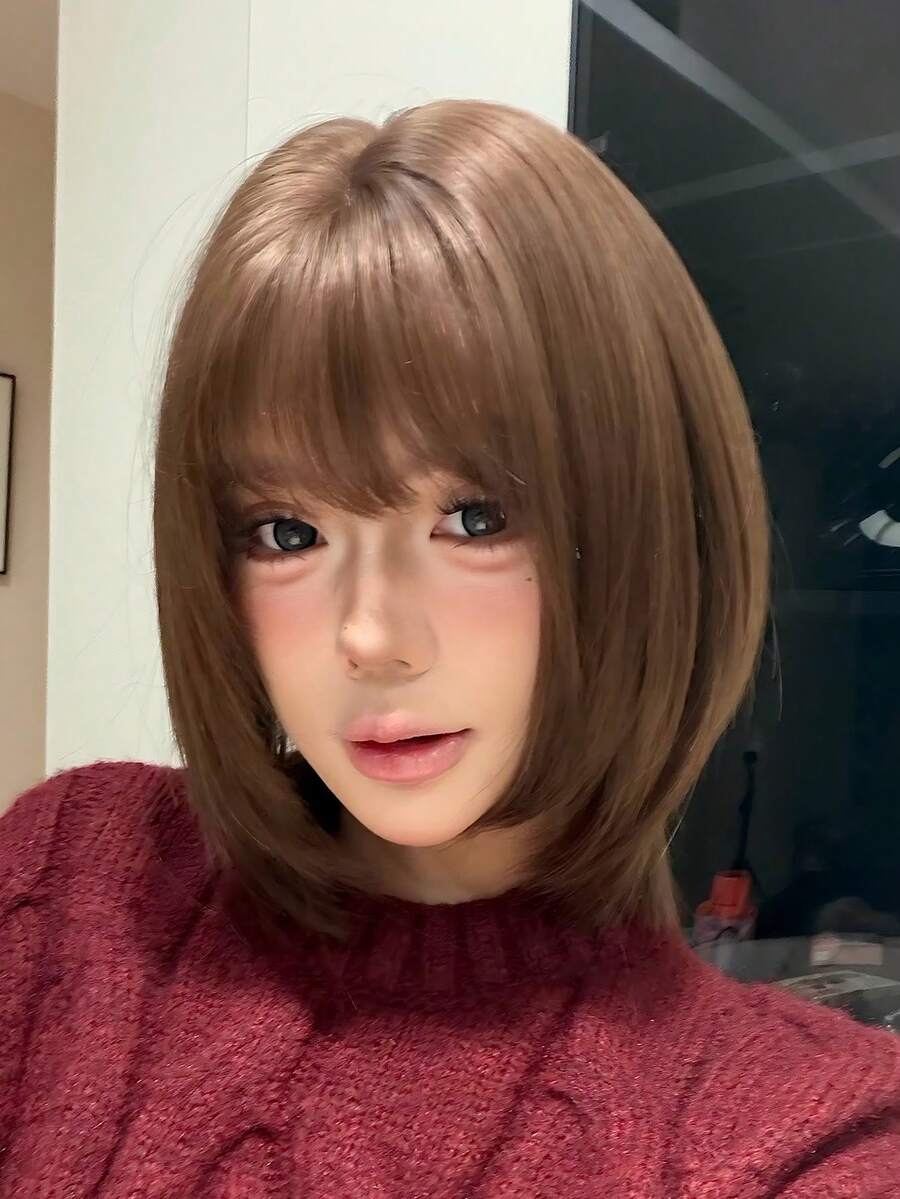 1顶时尚女士波波头假发,14英寸棕色短直发,带刘海,丝滑合成纤维,适合日常办公或上学佩戴 - Sakura Celebrations 魅力派对街头风摄影 - 女孩礼物假发配件 - 棕色 - 查看 1
