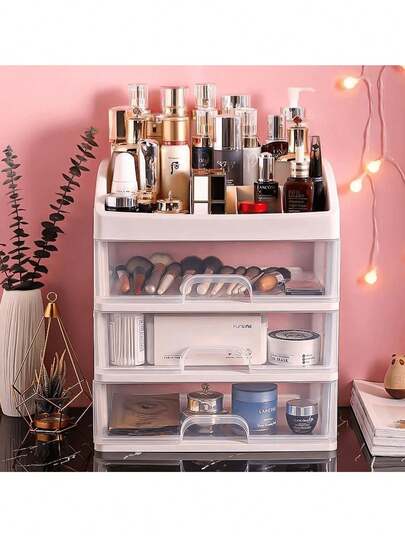 Caja de almacenamiento de cosméticos de 3 capas Cajón de plástico transparente Caja de almacenamiento de cosméticos Gabinete de exhibición de cosméticos multifuncional Adecuado para tocador Encimera de baño