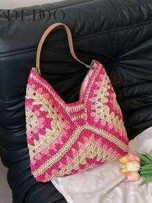 Dedoo Túi xách cỡ lớn dệt thủ công kiểu bà ngoại kẻ caro dành cho phụ nữ - Màu Hồng Tươi - Xem 10