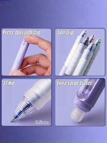 4pcs Minimalist Erasable Ballpoint Pens, 0.5mm Blue Ink, Soft Grip, Solid Color Push-Button, Suitable For Study, Office, Exam And Back To School Season - Gel Pen - View 5