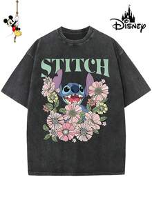 Disney-Licensed Men's Cotton T-Shirt For The 2026 Family Holiday. Featuring A Stitch Motif, Washed Crew Neck, Soft And Comfortable Feel, Easy Care And Suitable For Various Occasions Such As Holidays, Everyday Life And Commuting – Full Of Festive Spirit. - 黑色 - 查看 1