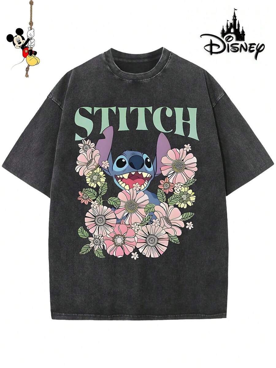 Disney-Licensed Men's Cotton T-Shirt For The 2026 Family Holiday. Featuring A Stitch Motif, Washed Crew Neck, Soft And Comfortable Feel, Easy Care And Suitable For Various Occasions Such As Holidays, Everyday Life And Commuting – Full Of Festive Spirit. - 黑色 - 查看 1