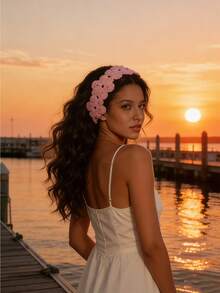 1/3pcs Solid Color Crochet Flower Headband Boho Knitted Hairband Women Fashion Hair Hoop Soft Polyester Headwear Valentine's Day Gift White Day St. Patrick's Day Gift For Girlfriend Summer Vacay Hair Accessories,Holiday,Travel - Multicolor - View 5