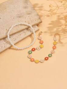 2 pièces Bracelet de cheville double couche à perles de marguerites colorées et fausses perles, chaîne de pied polyvalente pour le port quotidien des enfants. L'ordre des couleurs de la chaîne de marguerites faite à la main est aléatoire. - Multicolore - Voir 3