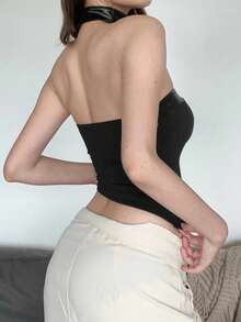 Kliou PU Patchwork Halter Crop Tube Top Women's With Asymmetrical Hem Backless Sleeveless Top For Party Clubwear Summer Vacation Strapless Tops Black - Black - View 4