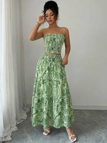 Conjunto de 2 piezas (top y falda) de mujer con estampado todo sobre, sin tirantes, casual y elegante para boda en la playa, verano - Verde - Ver 5