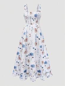 女士长款印花吊带连衣裙，波西米亚风印花，休闲荷叶边系腰带，适合情人节、约会、夏季度假等场合，优雅时尚。 - 彩色 - 查看 2