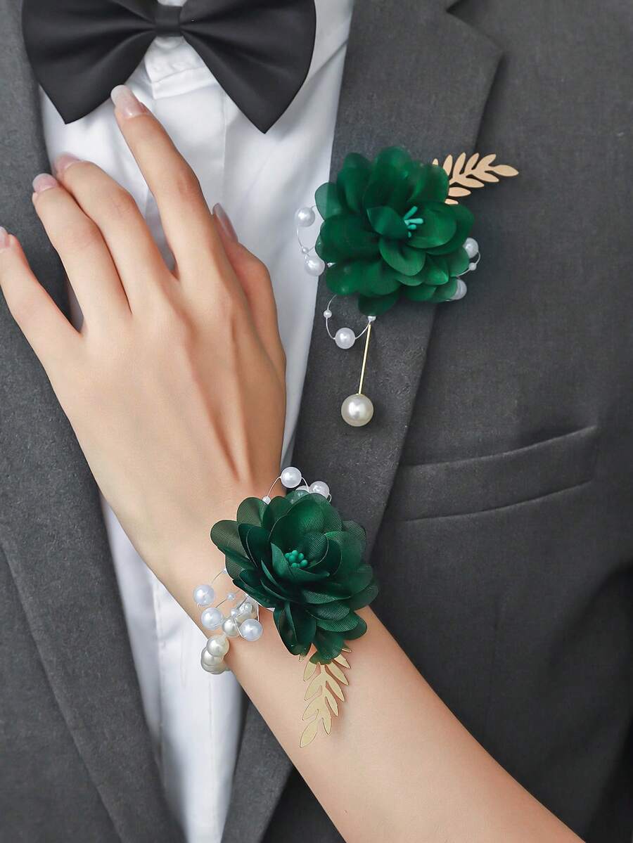 1朵/2朵优雅深绿色玫瑰花,配金色叶子和白色珠子装饰,适合新娘、新郎、伴娘、伴郎的婚礼装饰,以及派对、舞会、毕业典礼、节日、生日等场合。 - 墨綠色 - 查看 1