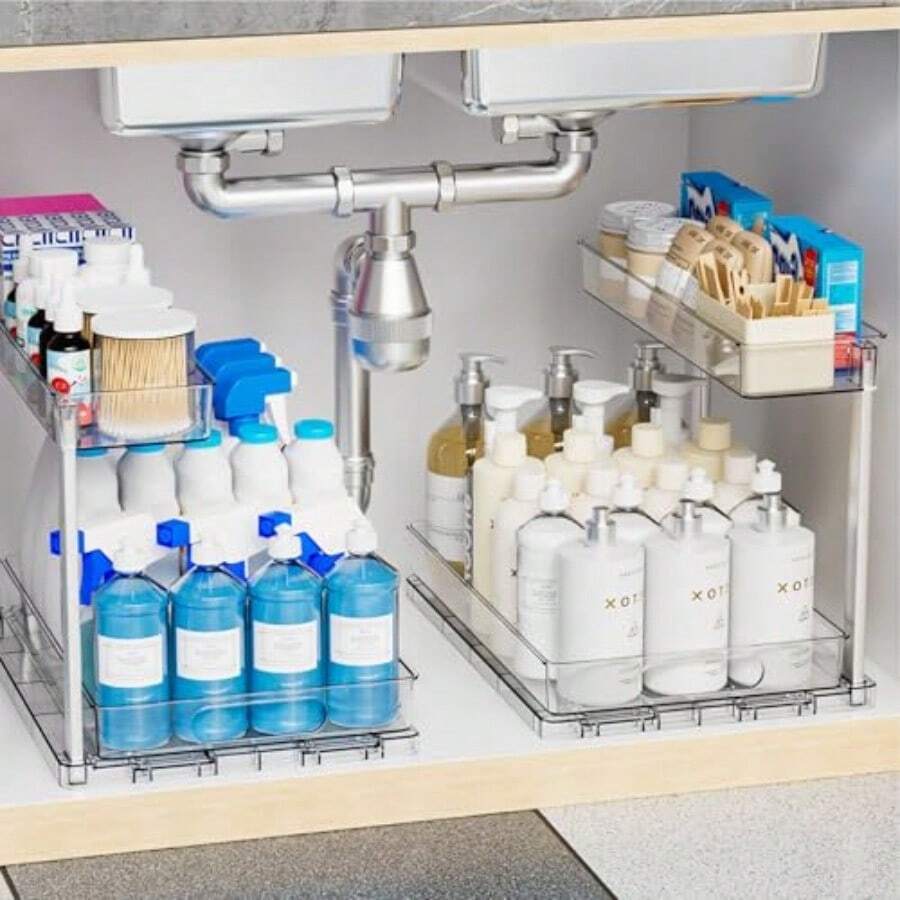 Yieach - Paquete de 2 organizadores de fregadero de cocina extraíbles debajo del gabinete organizador de fregadero de 2 niveles de 10.8 pulgadas de alto y organizador de almacenamiento debajo del - Transparente - Ver 1