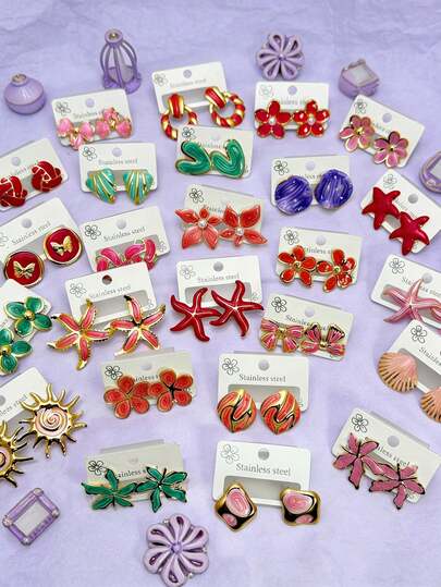 Fashionable Retro Bohemian Style Stainless Steel Earring Set With Random Multi-Element Mixed Color Designs, Sturdy, Durable, And Fade-Resistant, Perfect For Daily Wear And Holiday Gifts