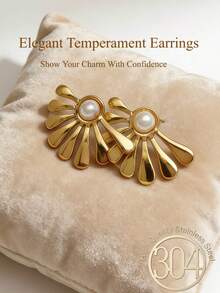 两对金色珍珠耳环，优雅婚礼耳环，14K镀金不锈钢耳环，轻盈低敏，时尚饰品，创意不对称几何简约珍珠耳环，适合女性日常休闲佩戴 - 金色 - 查看 2