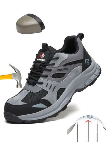 Men's Safety Shoes With Steel Toe Cap, Low-Top Work Shoes, Lace-Up Sports Work Shoes For Men And Women, Anti-Crush Anti-Puncture Safety, Comfortable, Black And Gray, Suitable For Outdoor Hiking, Construction, And Labor Protection