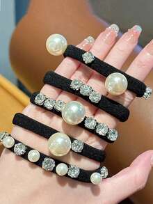 优雅仿珍珠蝴蝶结弹力发圈，2024新款，涤纶材质，马尾辫发圈，发绳，发圈，发饰，弹性发带，家居卧室装饰 - 彩色 - 查看 11