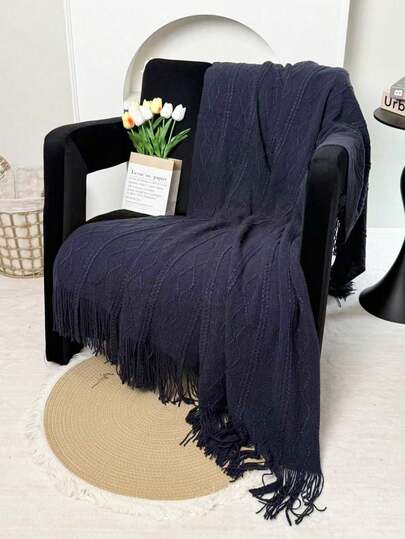 1pc Wavy Pattern Blanket, Nordic Style Acrylic Rectangle Tassel Solid Color Sofa Cover Throw Rug, Nap Blanket, Knitted Blanket