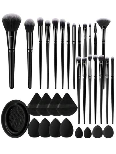 33PCS Makeup Tools Set Including:20PCS Makeup Brush Set+2PCS Mini Air Cushion Powder Puffs+2PCS Mini Makeup Sponges+4PCS Makeup Sponges+4PCS Triangle Powder Puffs+1pc Makeup Brush Cleaning Tools,All-In-One & Beginner-Friendly | Travel-Ready & Gift-Ready | Perfect For Newbies/Her