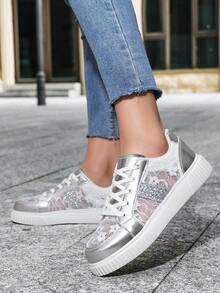 2026年春季新款系带银色休闲运动鞋，透气平底百搭鞋 - 銀色 - 查看 4