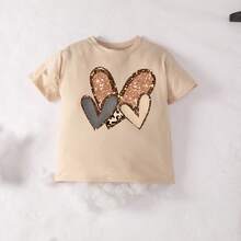 Tween Girls' Summer Set, Beige Short Sleeve T-Shirt Paired With Black Sports Shorts, Heart-Shaped Glitter Print Design, Loose Casual Versatile, Suitable For Daily Wear And School - Multicolor - View 6